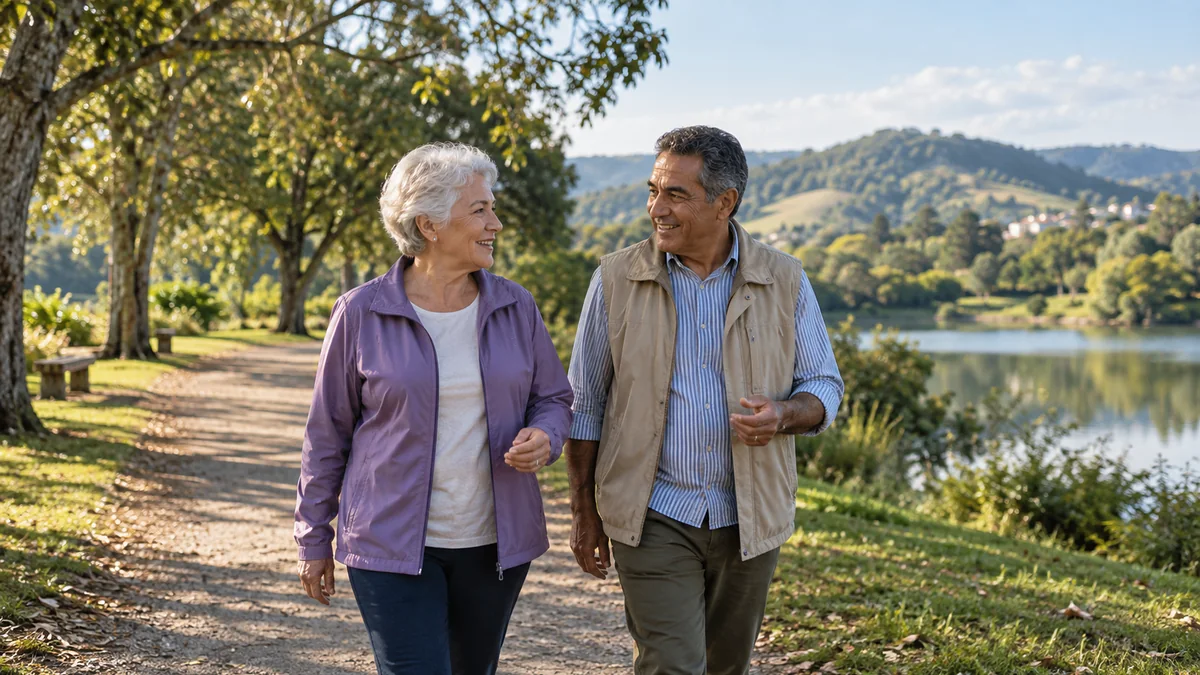 Casal de cerca de 60 anos caminhando em ritmo tranquilo por um caminho arborizado de parque no fim da tarde