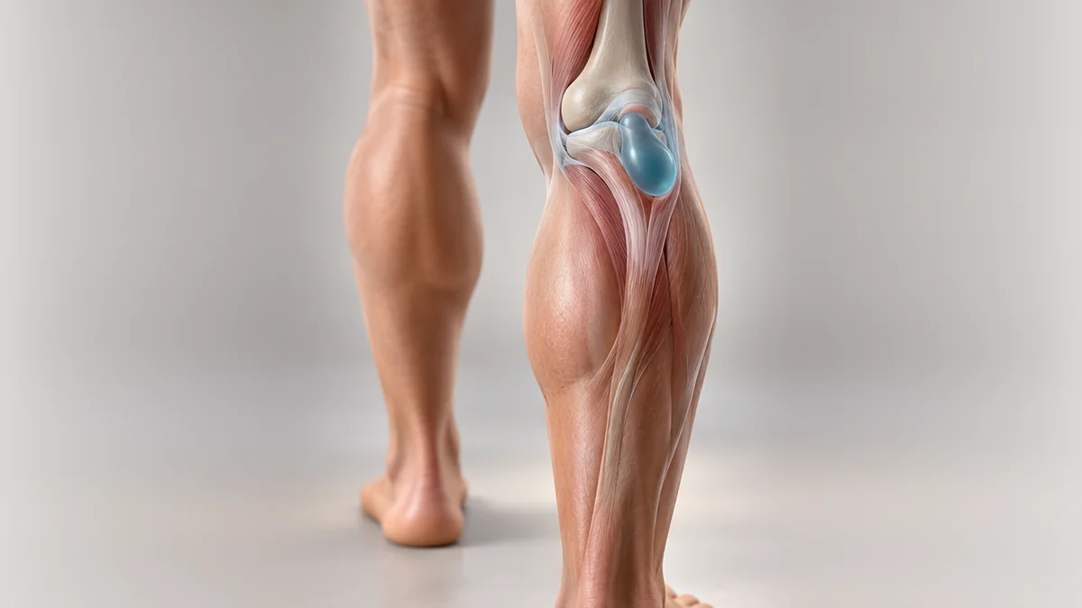 Ilustração 3D da perna inteira vista por trás, sobre fundo cinza-claro, com discreto volume cístico destacado na região posterior do joelho.