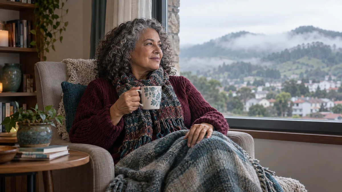 Mulher de cerca de 64 anos, de suéter bordô e cachecol, junto à janela numa manhã fria e enevoada, com manta nas pernas, mão no joelho e uma caneca de chá