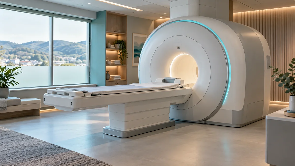 Sala de ressonância magnética vazia e calma, com o aparelho visto de lado e uma luz turquesa discreta