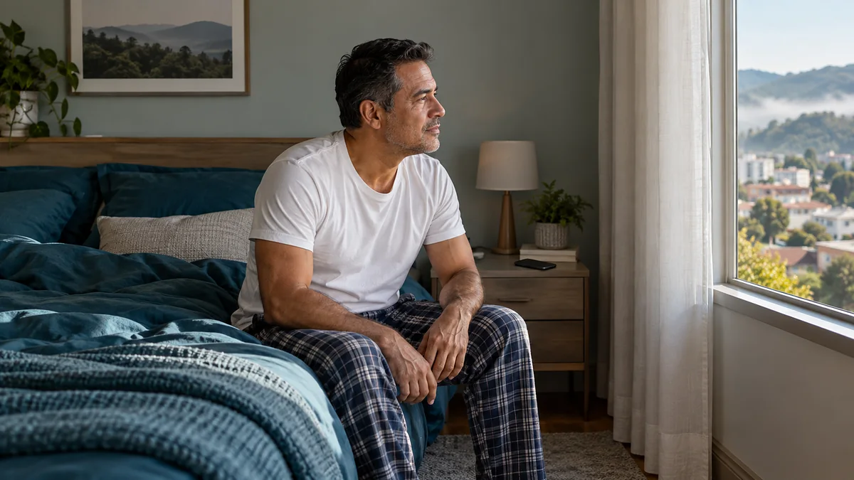 Homem de quase 50 anos sentado na beira da cama de manhã, com a mão no joelho, olhando pela janela enquanto decide o que fazer
