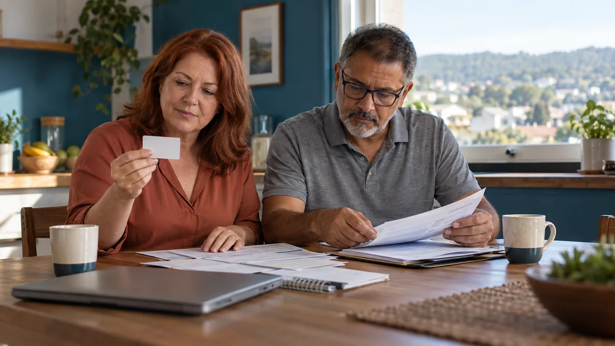 Casal de cerca de 55 a 60 anos sentado à mesa da cozinha organizando papéis e um cartão em branco para uma consulta, com parede azul-petróleo ao fundo