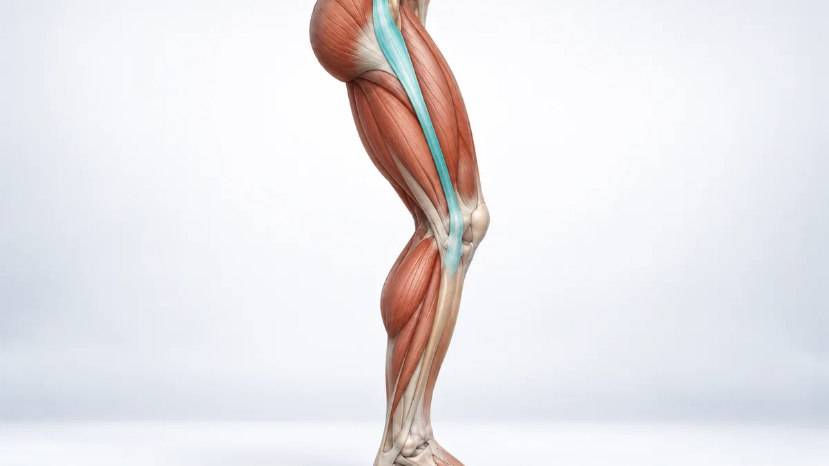 Ilustração anatômica 3D de perna em leve flexão, vista de lado, com a banda iliotibial destacada da coxa até a lateral do joelho, sobre fundo branco.