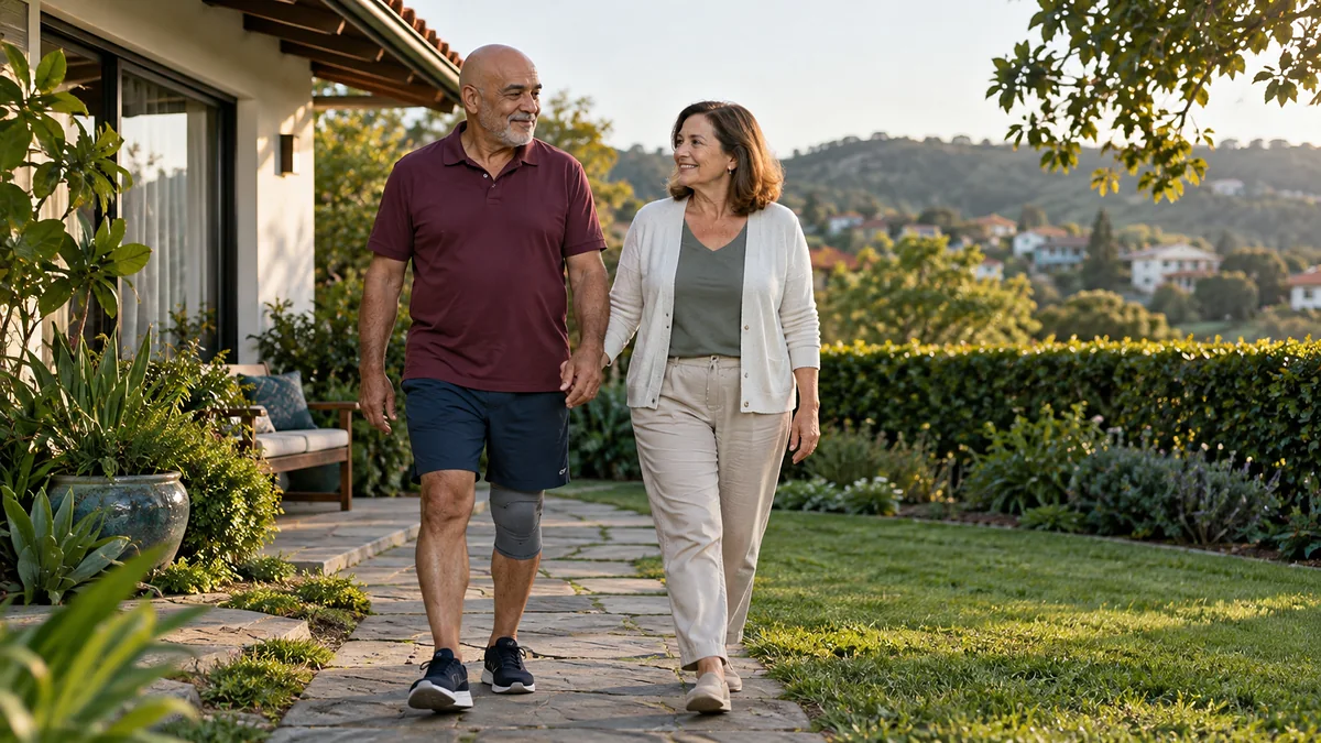 Casal de cerca de 65 anos caminhando por um caminho de jardim; ele usa uma joelheira leve