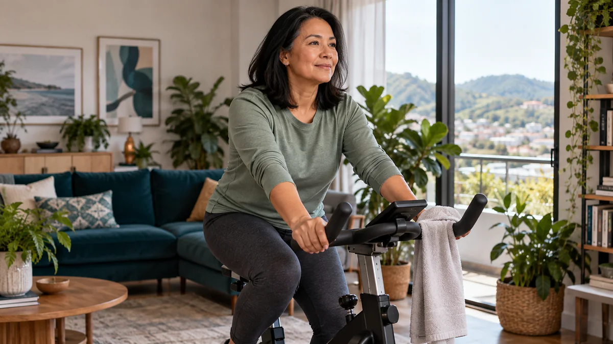 Mulher de cerca de 50 anos pedalando em ritmo leve numa bicicleta ergométrica na sala de casa